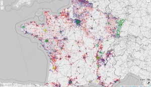 État des intégrations au 20 mai 2014 : en jaune, les données issues de l’open data, en vert, celles venant d’OSM, en bleu, celles récupérées du cadastre vectoriel, en rouge, les zones où les rapprochements n’ont pas encore été effectués.