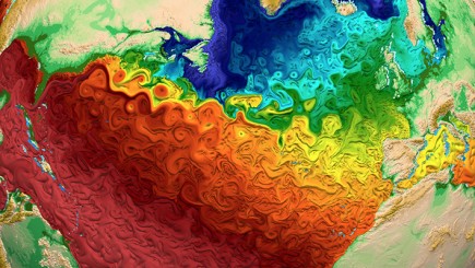 Représentation sous ParaView des températures de la surface de l’eau, l’effet de texture rendant compte des mouvements tourbillonnaires (© Los Alamos National Laboratory)