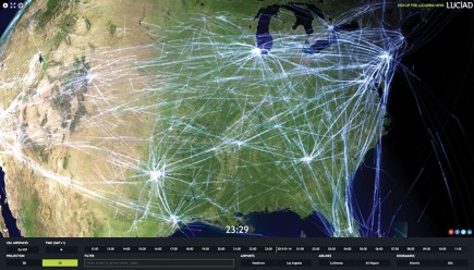 Cette démonstration accessible en ligne donne une idée des fonctionnalités de la prochaine version de LuciadRIA 3D. Vous pouvez y manipuler en ligne 3,5 millions de positions d’avions sur une journée représentant 70 000 trajectoires. Visualisation en 3D, zooms et déplacements, sélection de compagnies… tout est calculé à la volée. À tester sur http://3d.luciad.com/.
