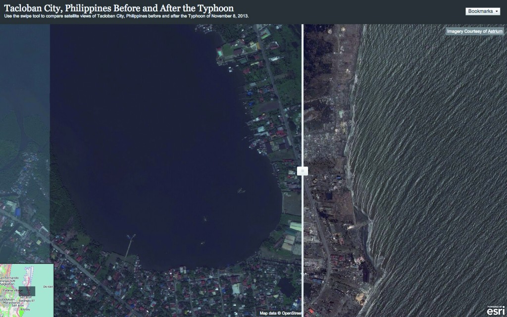 Vision avant/après du passage du typhon mise en ligne par Esri grâce au fonds OSM et aux images Astrium