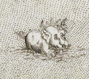 Cochon-chien au large des côtes italiennes. Extrait de la description des Pouilles, une carte de Giacomo Gastaldo, cosmographe vénitien (1 567) (Document British Library)