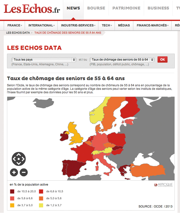 L’application développée pour data.lesechos.fr permet de visualiser toutes sortes de données à l’échelle mondiale mais également d’intégrer rapidement une carte ou un graphique dans n’importe quel site Web ou blog.