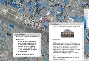 Via des ontologies de domaine, des liens entre des données issues de Wikipedia (structurées via BPpedia) et de la base Mérimée sur les monuments historiques peuvent être liés à un lieu affiché sur le Géoportail, ici la Bourse à Paris (document IGN)