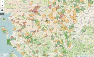 Carte des taux de nitrate en Poitou-Charentes réalisée avec l'outil Unmap