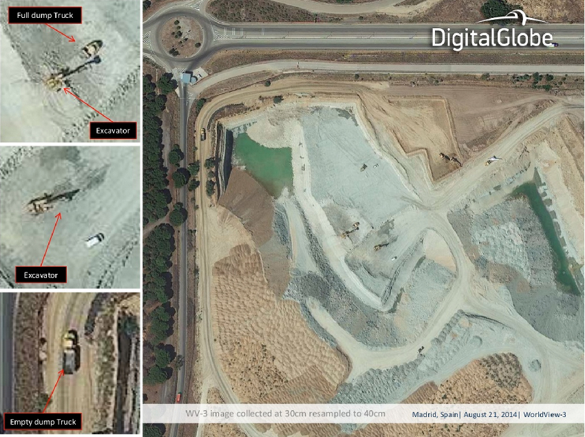 Dans une présentation en ligne, DigitalGlobe montre différentes utilisations des premières images acquises par WorldView-3 sur Madrid quelques jours après son lancement, dégradées à 40 cm de résolution. 