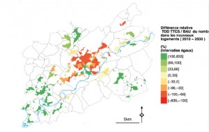 Différentiel de population dans le Grand Besançon entre le scénario « laisser faire » et le scénario « nouvel urbanisme » en 2030 (document provisoire VILMODes)