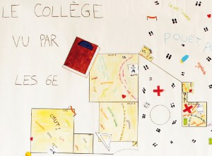 Le concours fait des petits : concours des cartes d’actualité pour les troisièmes et de cartes imaginaires pour les sixièmes, qui rassemblent chacun une centaine de participants. Marie Masson a également organisé avec ses collègues de français et de mathématiques un plan subjectif du collège, dont voici un extrait, réalisé par les élèves de sixième. 