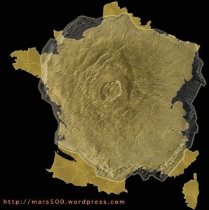 Le mont Olympus de Mars superposé à la France, publié en novembre 2014 sur Amazing Maps