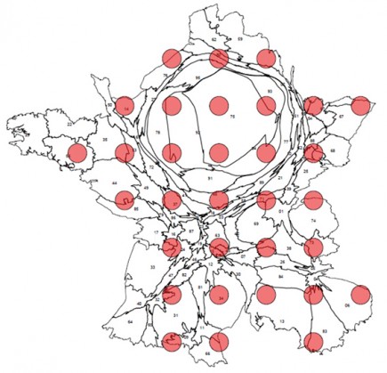 Olivier Rob a réalisé une anamorphose de l’hexagone selon le chiffre d’affaires des laboratoires Pierre Fabre afin de définir des centroïdes de secteurs commerciaux de même poids en termes de business (© Pierre Fabre)