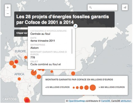 Fonds OSM accessibles via CartoDB pour localiser les 28 projets fossiles soutenus par la COFACE et analysés en détail par Ana Lutzky sur le site du magazine AEF. Premier prix en data-journalisme.v