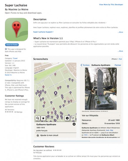 Coup de cœur du jury pour l’application Père Lachaise qui vous permet de découvrir les moindres recoins du célèbre cimetière parisien. Un projet collaboratif qui alimente OSM, Wikipedia et Wikimedia Commons. Disponible sur Android et iPhone.