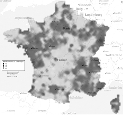 Les zones les plus foncées sont celles où les conditions de marché local permettent d’anticiper un rendement de chiffre d’affaires plus important pour les cinq prochaines années par mètre carré de grande surface alimentaire. (Modèle Pitney Bowes sur échantillon de 3 200 grandes surfaces alimentaires LSA (2014), avec une situation comptable des entreprises en 2012 (DIANE))