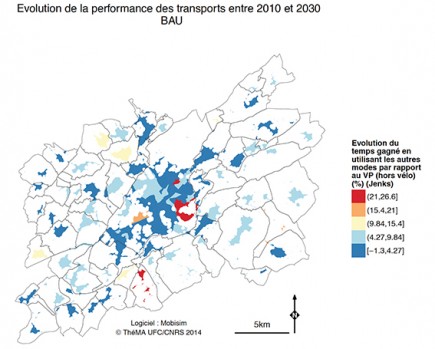 Où gagnera-t-on du temps à Besançon en transports en commun entre 2010 et 2030 si on laisse l’étalement urbain se poursuivre ? Une des cartes produites par Mobisim dans le cadre du projet VilmodES.