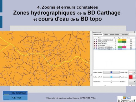 La mobilisation du pôle métier Eau va permettre une analyse complète de la BD Topage sur le bassin versant de l’Argens dans le Var car les incohérences entre la BD Carthage et la BD Topo sont nombreuses (extrait présentation du 10 septembre 2015 du groupe de travail)