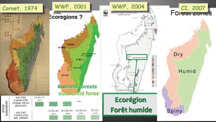 Comment une simple carte des régions climatiques (à gauche) s’est transformée en carte forestière pour nourrir le discours d’une déforestation massive (Document Xavier Amelot).