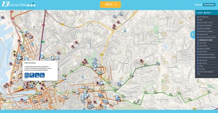 Plusieurs villes proposent des sites Internet ou des applications pour informer les habitants des équipements accessibles. Citons Bordeaux et son site accessible.bordeaux.fr, La Rochelle et son application mobile Handicarto ou les Bouches-du-Rhône et 13accessible représenté ci-dessus. Certaines collectivités ajoutent une couche thématique à leur websig grand public, comme Evian. Le site de la communauté de communes d’Erdre et Gesvres montre, quant à lui, que la problématique ne concerne pas que les grandes villes !