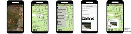 5 Screenshots de l’application MobiGIP : Accès sur smartphone à la cartographie du massif forestier aquitain (pistes DFCI, cadastre, photo aérienne…),la géolocalisation, exemple de saisie de point géoréférencé.