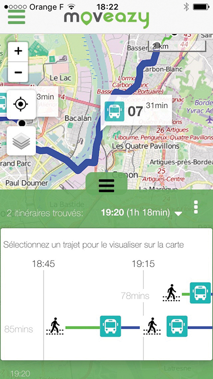 Fort de son expérience dans l’analyse des mobilités et les SIG, MobiGIS propose sa propre application d’aide à la mobilité multimodale : Moveazy, déjà disponible sur Toulouse, Paris, Bordeaux et Montréal.