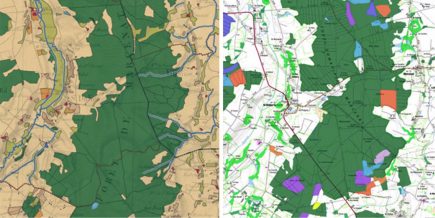 visualisation de l’occupation du sol historique sur les cartes de l’état-major du XIXe siècle mis en parallèle avec la carte IGN : la forêt domaniale de Marcenat dans l’Allier (03) © Géoportail / IGN