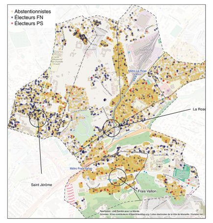 La représentation sous forme de points (un point par votant) des résultats des élections régionales de 2015, montre bien les différences de comportements entre les habitants des grands ensembles (Frais Vallon par exemple) massivement abstentionnistes et votant plutôt socialiste et les quartiers résidentiels comme Saint-Jérôme où le vote FN domine nettement.