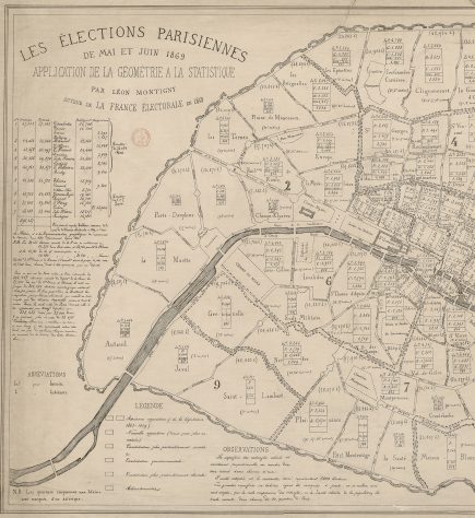 Extrait de la carte de Léon de Montigny sur les élections parisiennes de 1869 qui se présente comme une « application de la géométrie à la statistique ». Au-delà de sa visée scientifique, elle est également militante, enjoignant par exemple les Parisiens à se mobiliser pour s’inscrire sur les listes électorales. Elle est enfin novatrice sur le mode de représentation qui utilise des rectangles proportionnels, mais peu lisibles. (Document BnF, en ligne sur galica.bnf.fr)