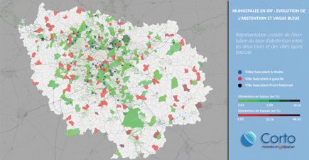 L’analyse spatiale est une des bases du ciblage électoral. Ici, rapport entre l’évolution des abstentions et les basculements droite/gauche lors des municipales en Île-de-France (document Spallian réalisé sous Corto)