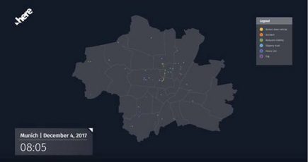 Les positions des capteurs de véhicules circulant à Munich et la nature des données qu’ils fournissent compilées par HERE le 4 décembre 2017. Une vidéo plus détaillée est disponible ici : http://youtu.be/NK48uHRr4Vg   