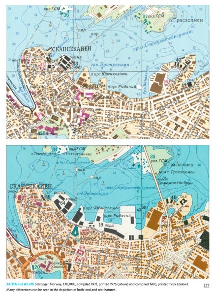 Stavanger (Norvège), cartographié en 1975 puis en 1989. On voit l’évolution du style et la précision accrue. (document extrait de The Red Atlas)