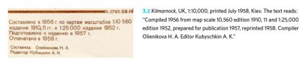 Les sources étaient clairement décrites dans les cartouches. Exemple de la carte de Kilmarnock (UK) au 1/10 000 imprimée en juillet 1958. « Compilée en 1956 à partir de la carte au 1/10 560 édition 1910 et de la carte 1/25 000 édition 1952, préparée pour la publication en 1957, réimprimée en 1958. Documentaliste : Olienikova H. A. Rédacteur : Kubyschkin A.K » (document extrait de The Red Atlas)