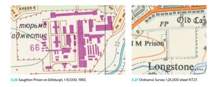 La prison de Saughton à Édimbourg (édition 1983) est bien plus détaillée sur la carte soviétique que sur la carte officielle de l’Ordnance Survey (document extrait de The Red Atlas)