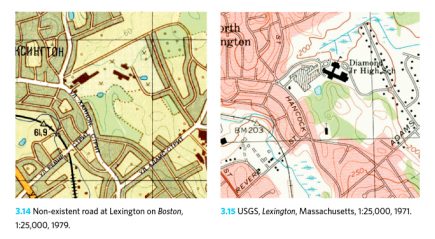 Erreur classique de photo-interprétation. La route sur la carte soviétique de Lexington (Massachusetts) est plus longue que dans la réalité (image de gauche). Elle a été prolongée par la rivière. (document extrait de The Red Atlas)