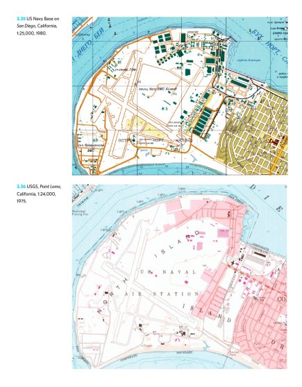 Même si les installations militaires n’étaient pas toujours au cœur des plans de villes, elles sont décrites en détail. Ici, en haut, la base navale militaire de San Diego sur la carte soviétique de 1980 au 1/25 000. En bas, la version de l’USGS de 1975, produite quasiment à la même échelle. (document extrait de The Red Atlas)
