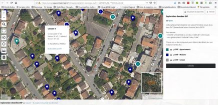 Grâce à uMap, Christian Quest a développé une interface de visualisation des fichiers DVF sur fond de BD Ortho de l’IGN. Il pose par ailleurs la question de leur utilisation afin d’améliorer les OpenStreetMap.