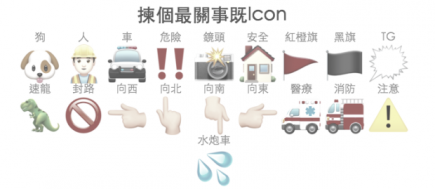 La « SITAC » (situation tactique) citoyenne de HKMap.Live s’appuie sur des symboles simples : les émoticons